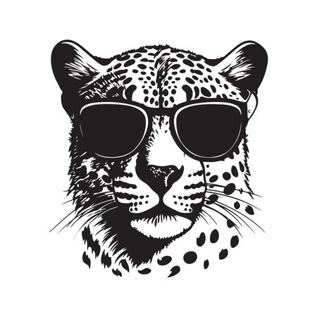 cheetah wearing sunglasses, vintage logo line art concept black and white color, hand drawn illustrationのイラスト素材