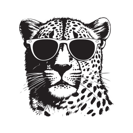 cheetah wearing sunglasses, vintage logo line art concept black and white color, hand drawn illustrationのイラスト素材