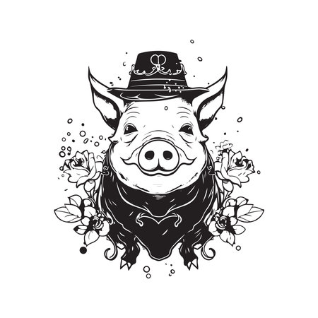 pig elementalist, vintage logo line art concept black and white color, hand drawn illustrationのイラスト素材