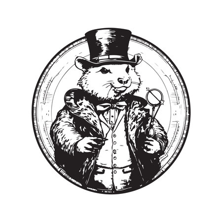 wombat alchemist, vintage logo line art concept black and white color, hand drawn illustrationのイラスト素材