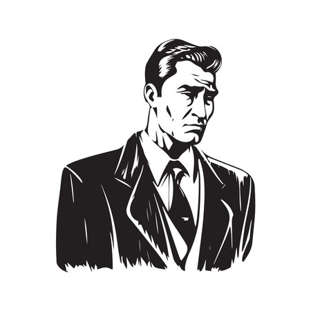 weak willed businessperson, vintage logo line art concept black and white color, hand drawn illustrationのイラスト素材