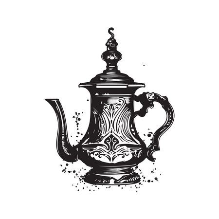 turkish cezve, vintage logo line art concept black and white color, hand drawn illustrationのイラスト素材