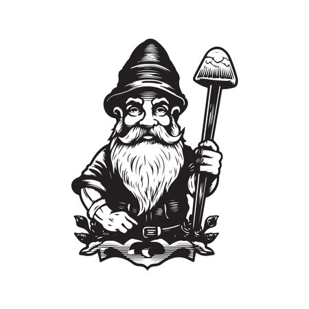 garden gnome, vintage logo line art concept black and white color, hand drawn illustrationのイラスト素材