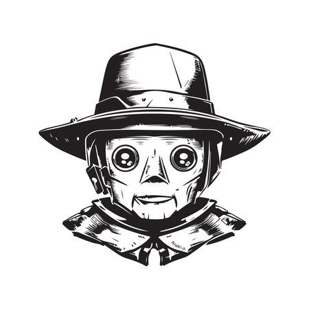 boy scout robot, vintage logo line art concept black and white color, hand drawn illustrationのイラスト素材
