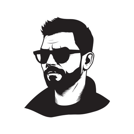 confident adult man wearing sunglasses, vintage logo line art concept black and white color, hand drawn illustrationのイラスト素材