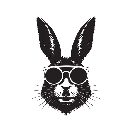 cool bunny with sunglasses, vintage logo line art concept black and white color, hand drawn illustrationのイラスト素材