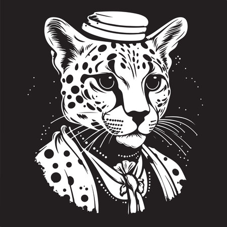 ocelot nobleman, vintage logo line art concept black and white color, hand drawn illustrationのイラスト素材
