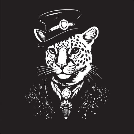 ocelot nobleman, vintage logo line art concept black and white color, hand drawn illustrationのイラスト素材