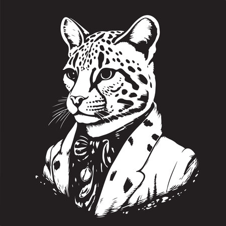 ocelot nobleman, vintage logo line art concept black and white color, hand drawn illustrationのイラスト素材