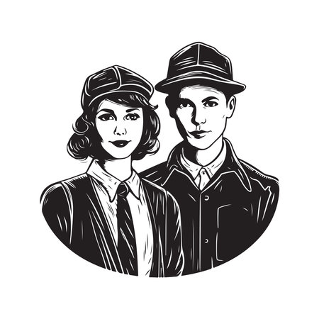 couple, vintage logo line art concept black and white color, hand drawn illustrationのイラスト素材
