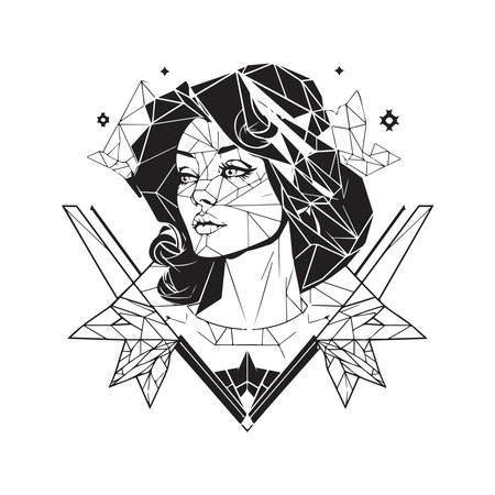 crystalline angel, vintage logo line art concept black and white color, hand drawn illustrationのイラスト素材