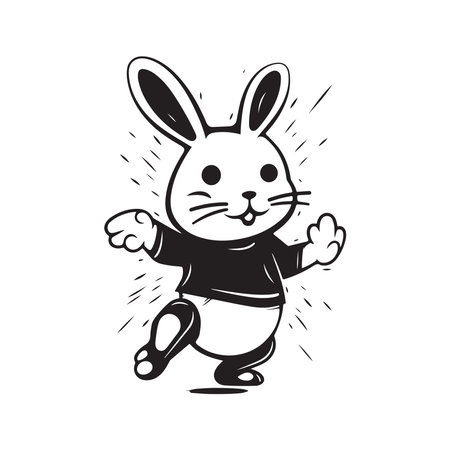 cute bunny disco dancing, vintage logo line art concept black and white color, hand drawn illustrationのイラスト素材