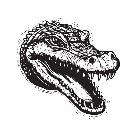 crocodile, vintage logo line art concept black and white color, hand drawn illustrationのイラスト素材