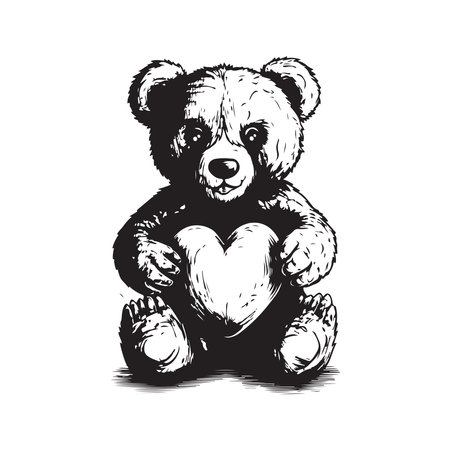 cute teddy bear holding heart, vintage logo line art concept black and white color, hand drawn illustrationのイラスト素材