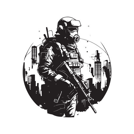 cyberpunk soldier city warfare, vintage logo line art concept black and white color, hand drawn illustrationのイラスト素材