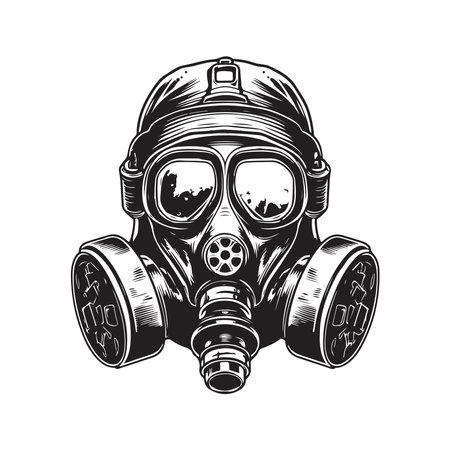 gas mask, vintage logo line art concept black and white color, hand drawn illustrationのイラスト素材