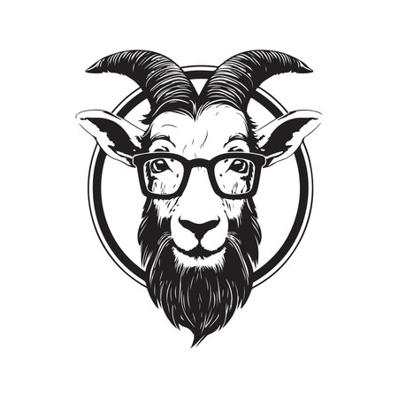 goat hipster, vintage logo line art concept black and white color, hand drawn illustrationのイラスト素材