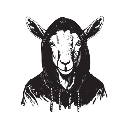goat wearing hoodie, vintage logo line art concept black and white color, hand drawn illustrationのイラスト素材