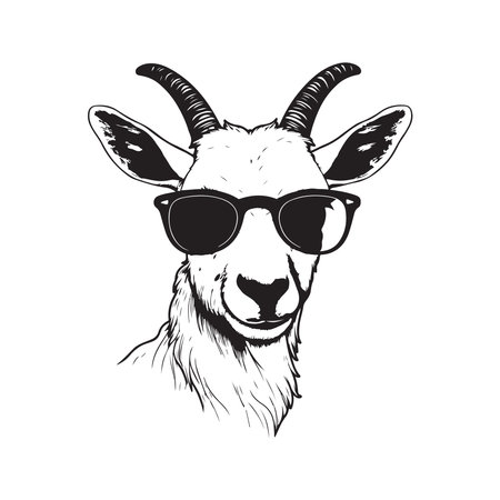 goat wearing sunglasses, vintage logo line art concept black and white color, hand drawn illustrationのイラスト素材