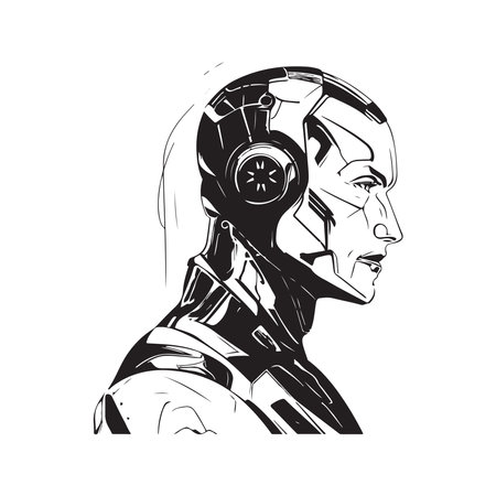 high tech man from future, vintage logo line art concept black and white color, hand drawn illustrationのイラスト素材