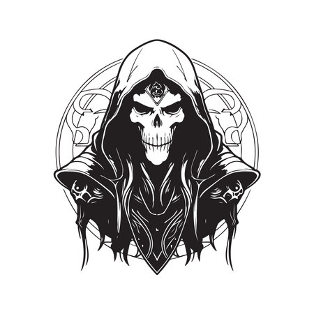 scary futuristic necromancer, vintage logo line art concept black and white color, hand drawn illustrationのイラスト素材