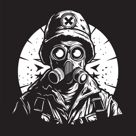 survivor of nuclear, vintage logo line art concept black and white color, hand drawn illustrationのイラスト素材