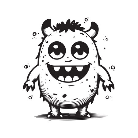 cute little cartoon monster, vintage logo line art concept black and white color, hand drawn illustrationのイラスト素材