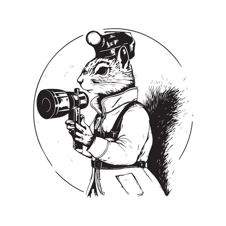 squirrel journalist, vintage logo line art concept black and white color, hand drawn illustrationのイラスト素材