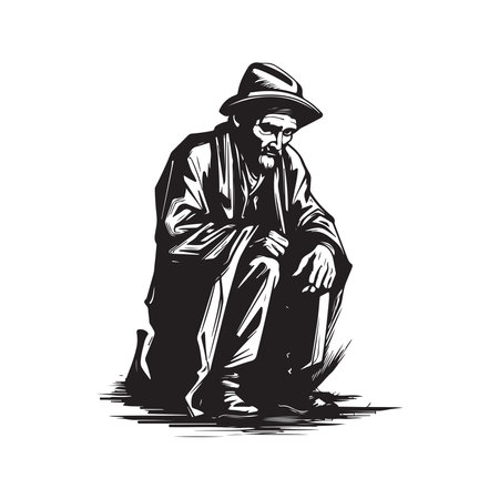sickly old man, vintage logo line art concept black and white color, hand drawn illustrationのイラスト素材