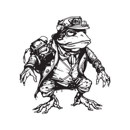 mechanic toad, vintage logo line art concept black and white color, hand drawn illustrationのイラスト素材