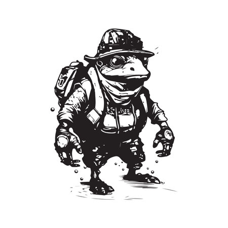 mechanic toad, vintage logo line art concept black and white color, hand drawn illustrationのイラスト素材