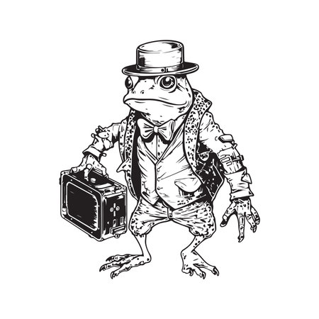 mechanic toad, vintage logo line art concept black and white color, hand drawn illustrationのイラスト素材