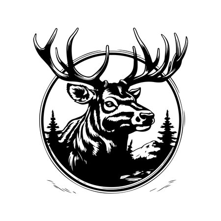 elk, vintage logo line art concept black and white color, hand drawn illustrationのイラスト素材