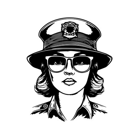 female police, vintage logo line art concept black and white color, hand drawn illustrationのイラスト素材