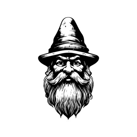 gnome bearded, vintage logo line art concept black and white color, hand drawn illustrationのイラスト素材