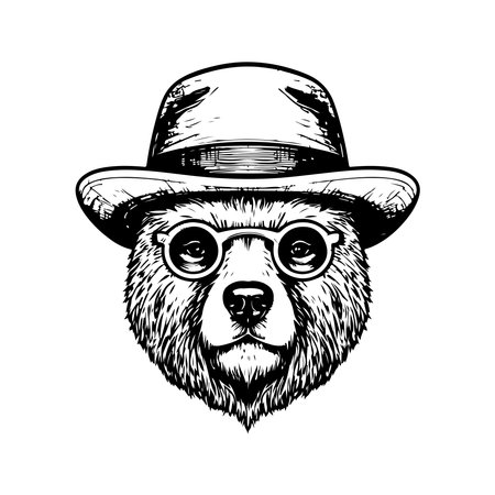 hipster bear, vintage logo line art concept black and white color, hand drawn illustrationのイラスト素材