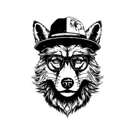 hipster wolf, vintage logo line art concept black and white color, hand drawn illustrationのイラスト素材