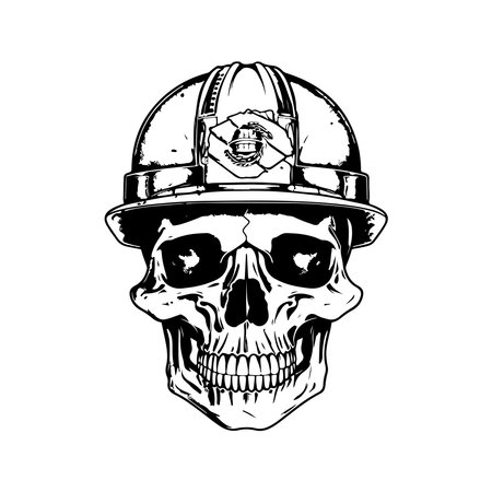 skull of worker wearing hard hat, vintage logo line art concept black and white color, hand drawn illustrationのイラスト素材
