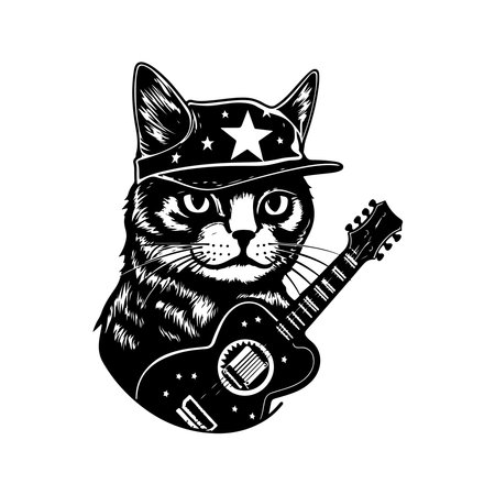 rockstar cat, vintage logo line art concept black and white color, hand drawn illustrationのイラスト素材