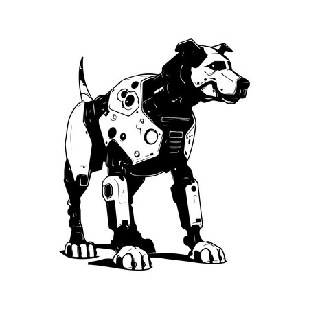 dog robot machine, vintage logo line art concept black and white color, hand drawn illustrationのイラスト素材