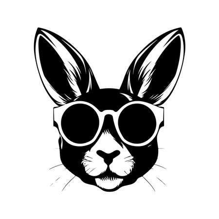 DJ rabbit sunglasses, vintage logo line art concept black and white color, hand drawn illustrationのイラスト素材