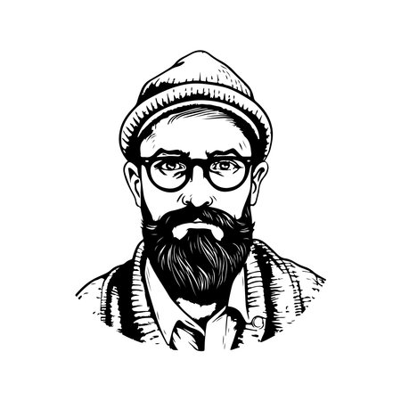 hipster man, vintage logo line art concept black and white color, hand drawn illustrationのイラスト素材