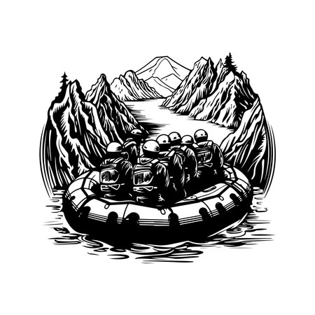 rafting, vintage logo line art concept black and white color, hand drawn illustrationのイラスト素材