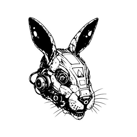 rabbit cyborg, vintage logo line art concept black and white color, hand drawn illustrationのイラスト素材
