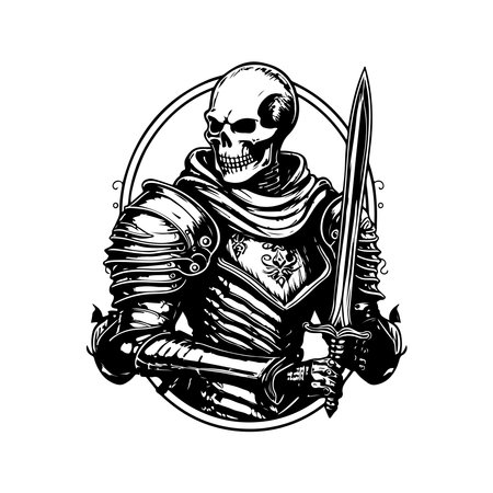 skeleton knight, vintage logo line art concept black and white color, hand drawn illustrationのイラスト素材