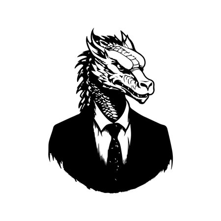 dragon wearing suit, vintage logo line art concept black and white color, hand drawn illustrationのイラスト素材