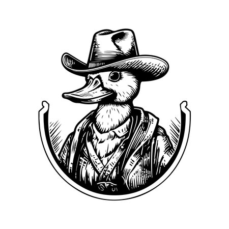 cowboy duck, vintage logo line art concept black and white color, hand drawn illustrationのイラスト素材