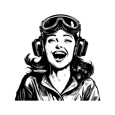 excited girl, vintage logo line art concept black and white color, hand drawn illustrationのイラスト素材