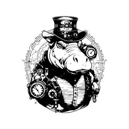 steampunk hippo, vintage logo line art concept black and white color, hand drawn illustrationのイラスト素材