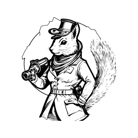 anthropomorphic squirrel, vintage logo line art concept black and white color, hand drawn illustrationのイラスト素材